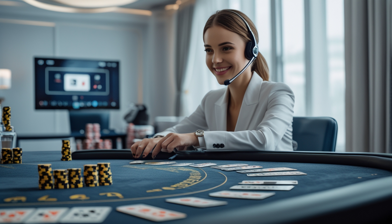 Meja permainan baccarat dengan kartu dan chip, serta seorang staf layanan pelanggan yang ramah mengenakan headset di latar belakang.
