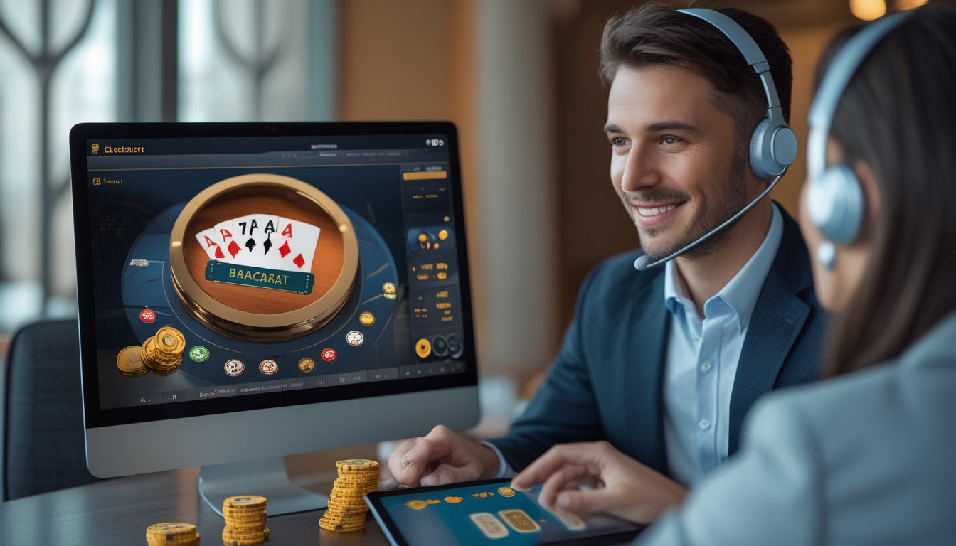 Seorang perwakilan layanan pelanggan dengan headset sedang membantu pengguna di depan layar komputer yang menampilkan permainan baccarat online.