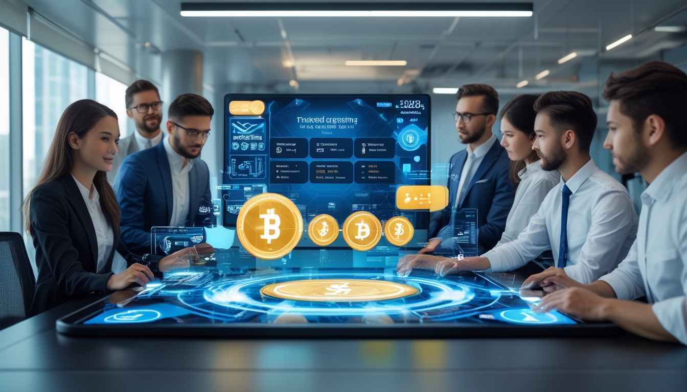 Sekelompok profesional muda bekerja bersama di kantor modern dengan layar digital yang menampilkan grafik terkait sistem pembayaran cepat dan aman untuk platform taruhan online.