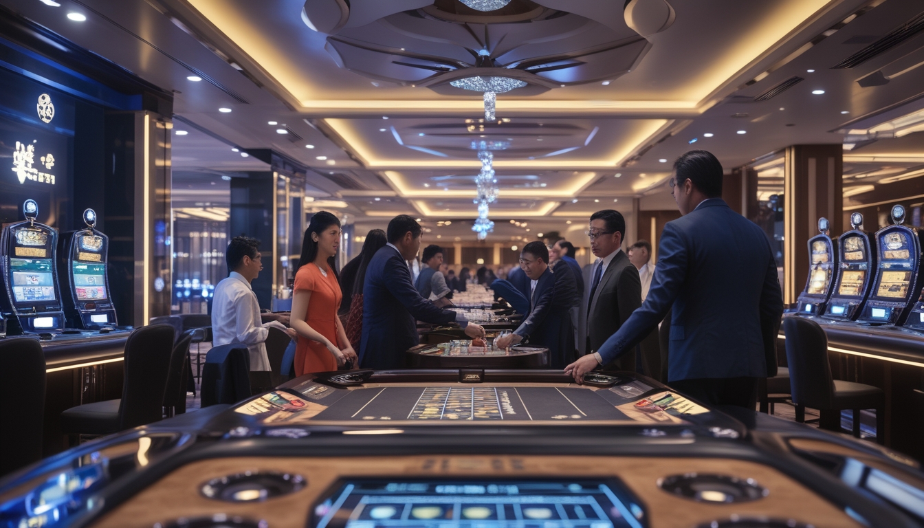 Suasana kasino modern dengan meja permainan dan mesin slot, latar belakang menampilkan pemandangan kota Macau, orang-orang berpakaian rapi sedang bermain dengan fokus.