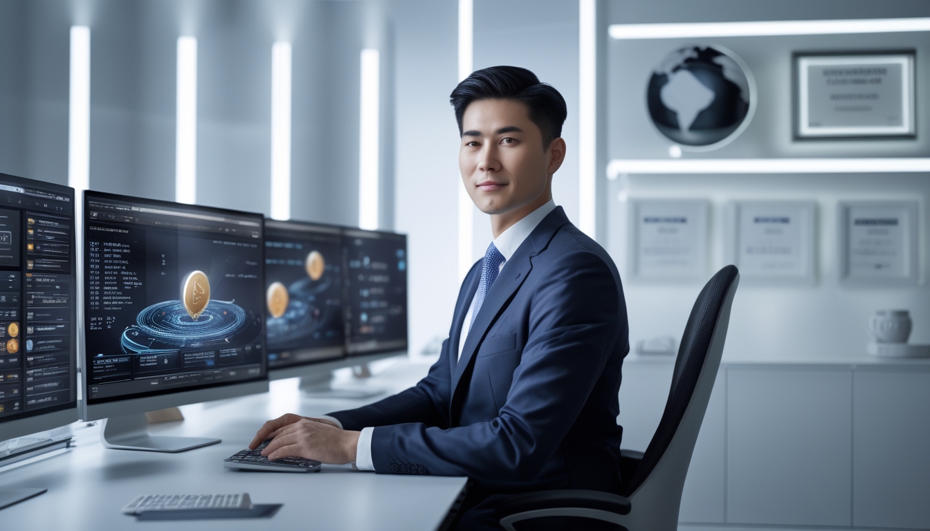 Seorang pebisnis profesional duduk di meja kerja dengan beberapa layar komputer yang menampilkan data digital, di latar belakang terdapat sertifikat resmi dan globe sebagai simbol kepercayaan dan lisensi internasional.