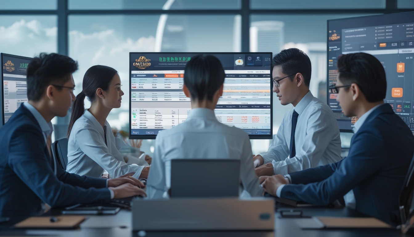 Sekelompok profesional bekerja di kantor modern dengan layar komputer menampilkan data taruhan dan pasar lotere, dengan latar belakang kota Macau.