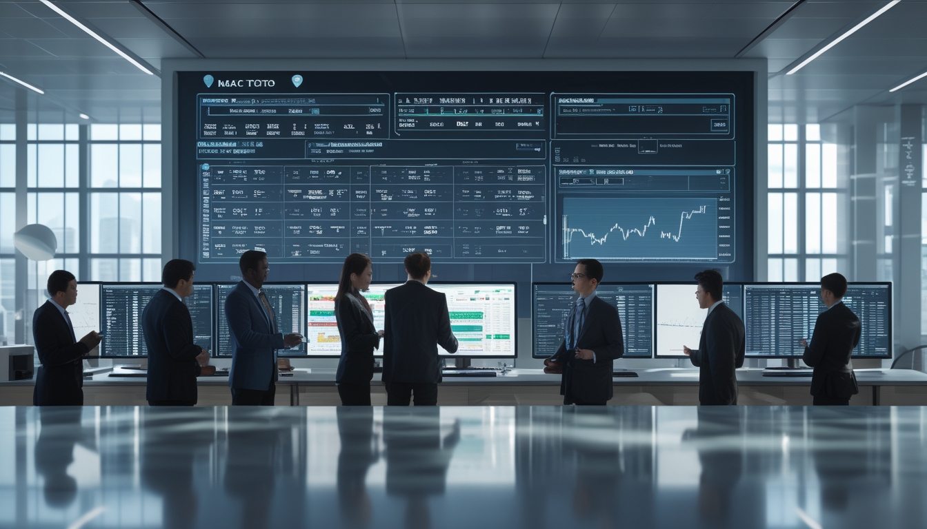 Sekelompok profesional bekerja sama di kantor modern dengan layar digital menampilkan data dan peluang taruhan terkait Macau Toto.