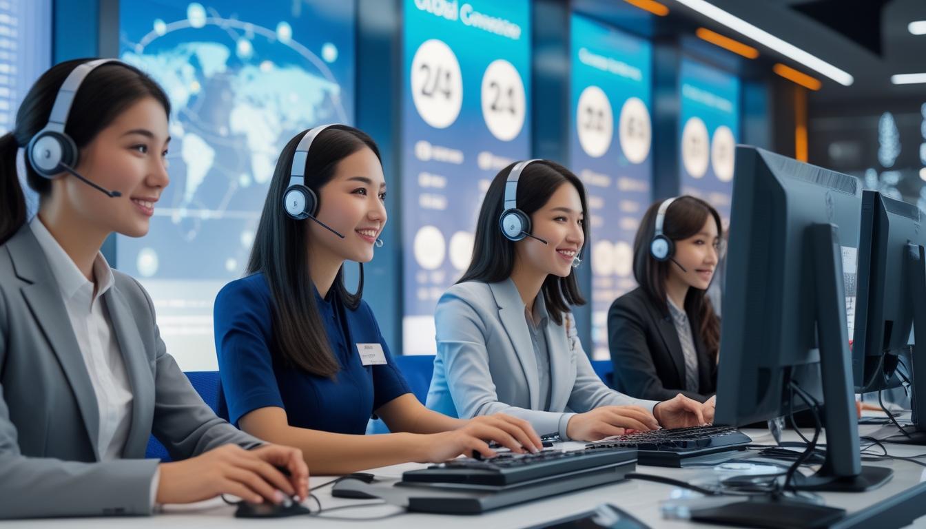 Pusat layanan pelanggan modern dengan staf yang ramah bekerja menggunakan komputer dan telepon, latar belakang menunjukkan pemandangan kota Macau.