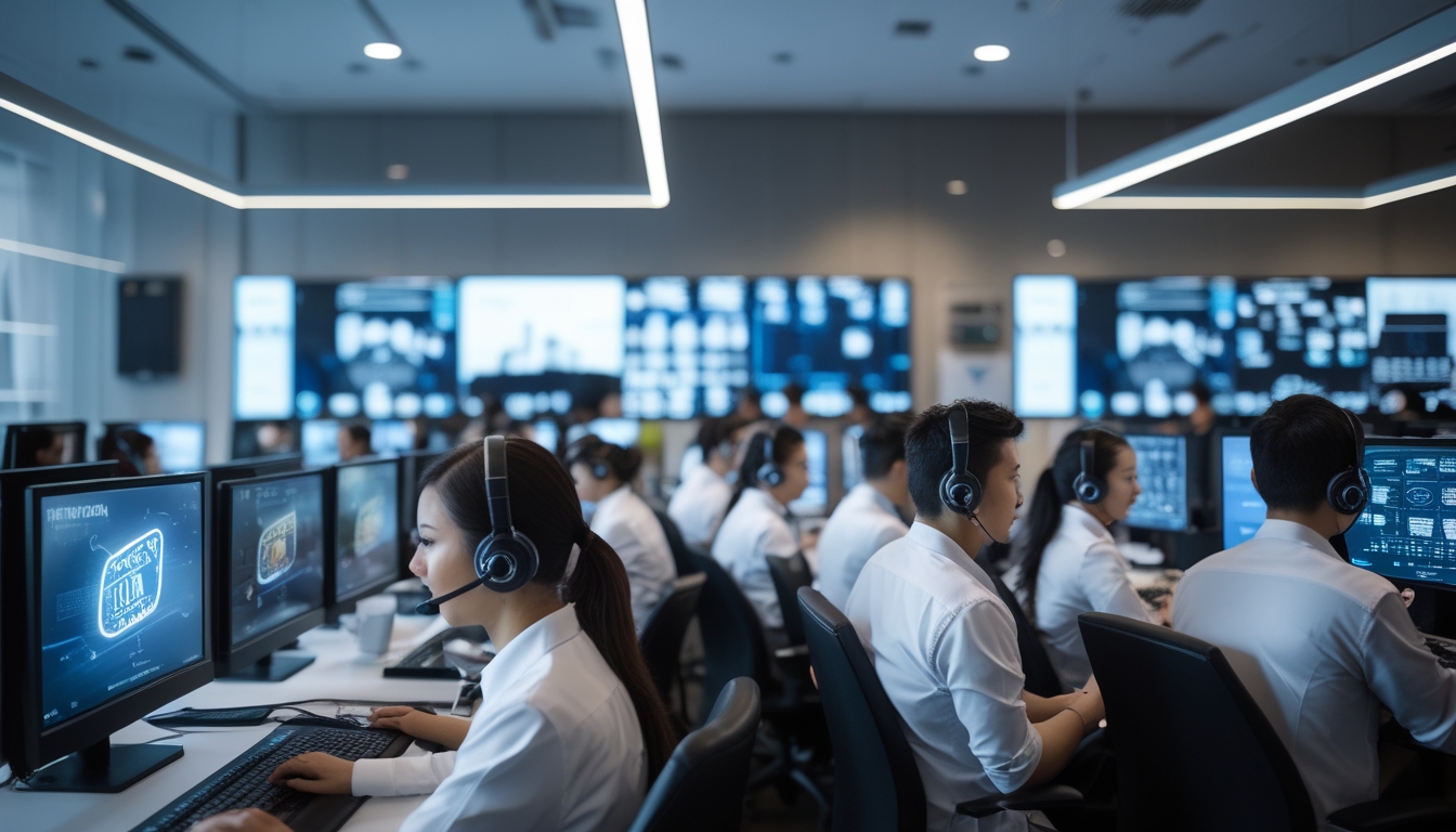 Suasana pusat layanan pelanggan dengan staf yang mengenakan headset sedang bekerja di depan komputer dalam kantor modern yang terang dan rapi.