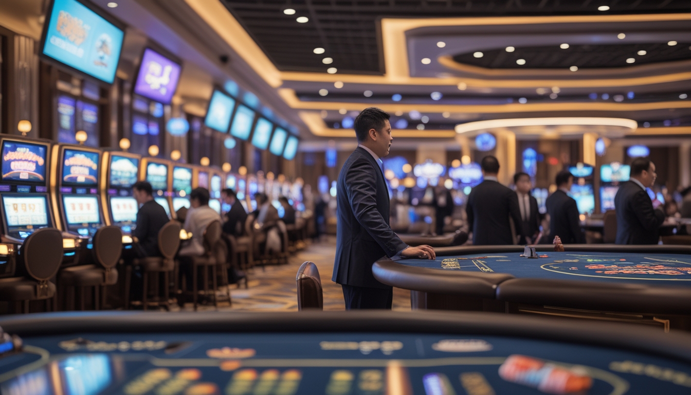 Suasana kasino modern di Macau dengan pemain yang sedang bermain di meja poker dan mesin slot, latar belakang menampilkan pemandangan kota Macau.