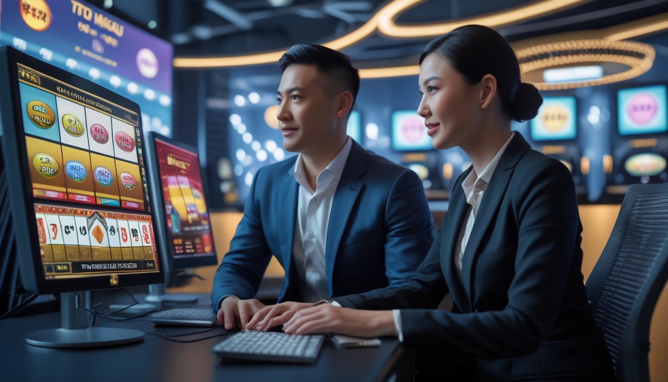 Seorang pria dan wanita duduk di meja dengan beberapa monitor komputer yang menampilkan grafik lotere dan jackpot yang berwarna-warni dalam suasana kantor modern.