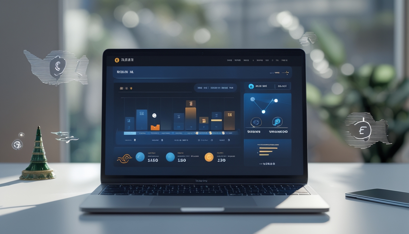 Seorang pengguna sedang melihat layar laptop yang menampilkan antarmuka situs judi online dengan elemen yang mewakili Macau dan transaksi cepat.