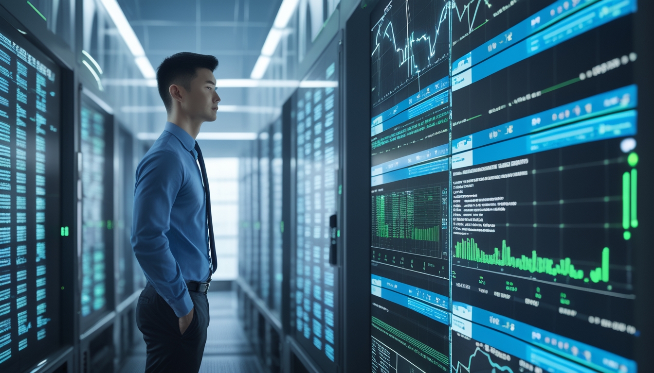 Seorang ahli keamanan IT sedang memantau layar komputer di ruang server modern dengan peralatan teknologi canggih dan aliran data digital yang menyala.