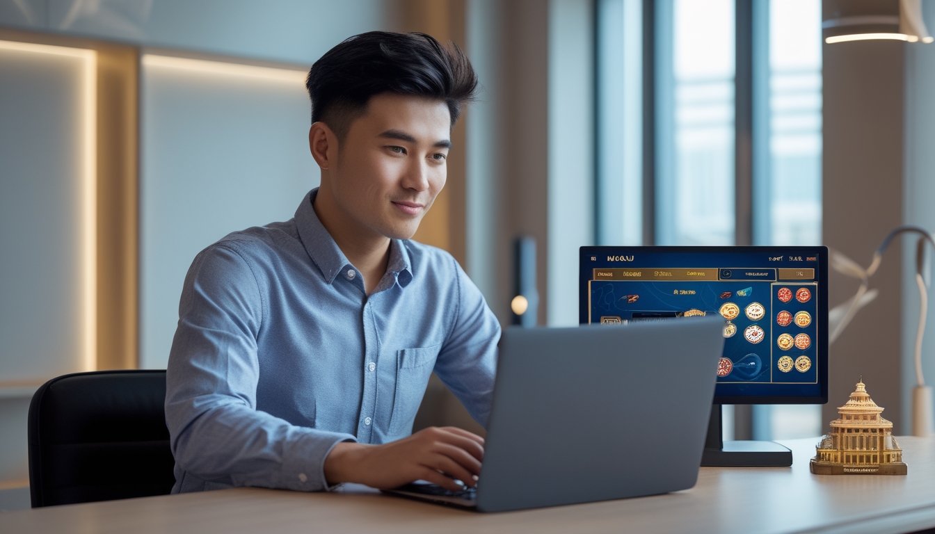 Seorang pria muda Asia duduk di meja kantor modern dengan laptop, terlihat fokus dan percaya diri dalam suasana kerja yang terang dan rapi.