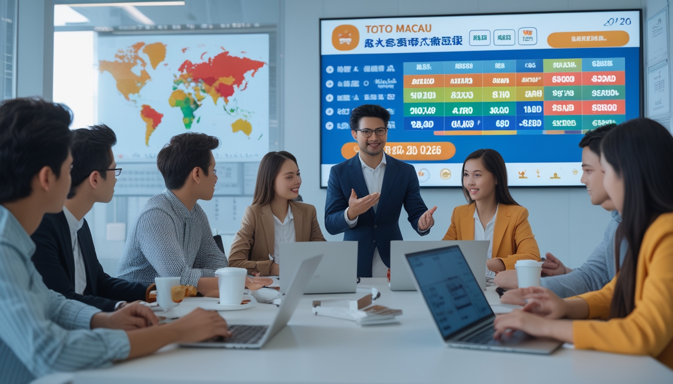 Sekelompok orang muda sedang belajar tentang Toto Macau di ruang kantor dengan layar digital dan alat tulis di meja.
