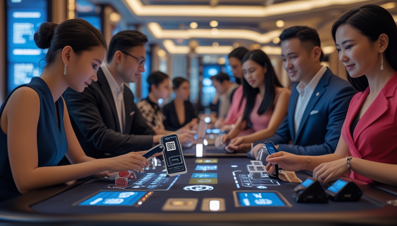 Suasana kasino modern di Macau dengan orang-orang menggunakan pemindai QR dan dompet elektronik untuk transaksi praktis.