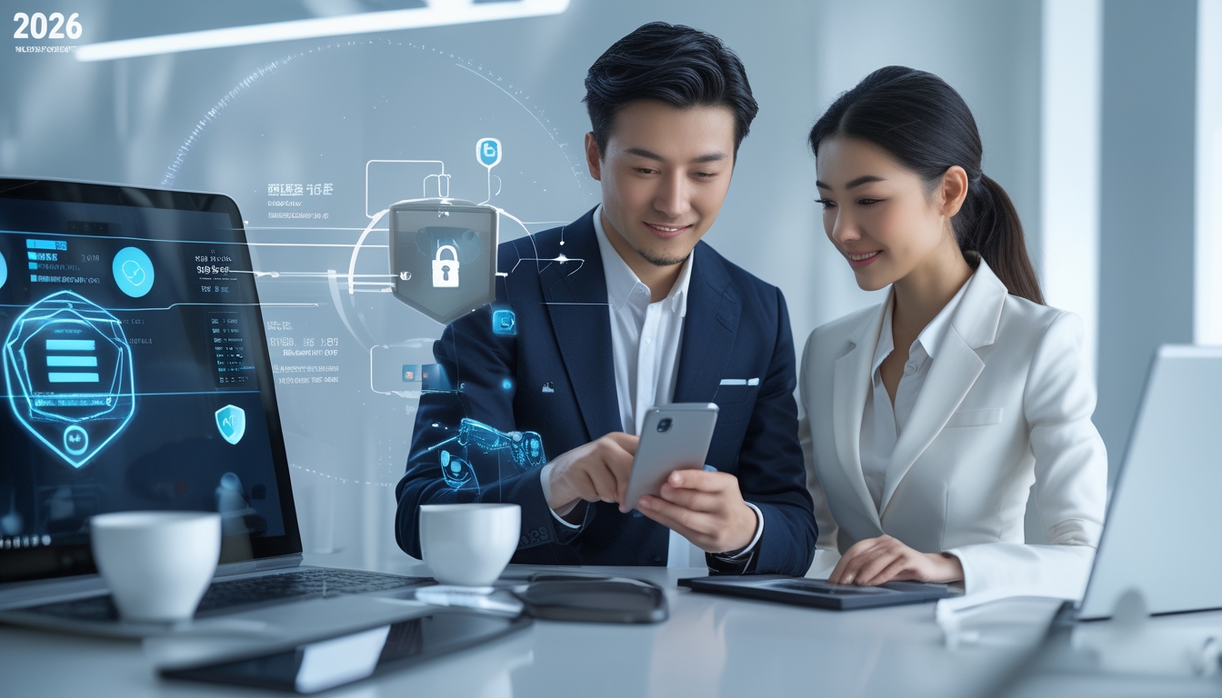 Seorang pria dan wanita menggunakan smartphone untuk melakukan pembayaran QRIS di kantor modern dengan perangkat digital di sekitar mereka.