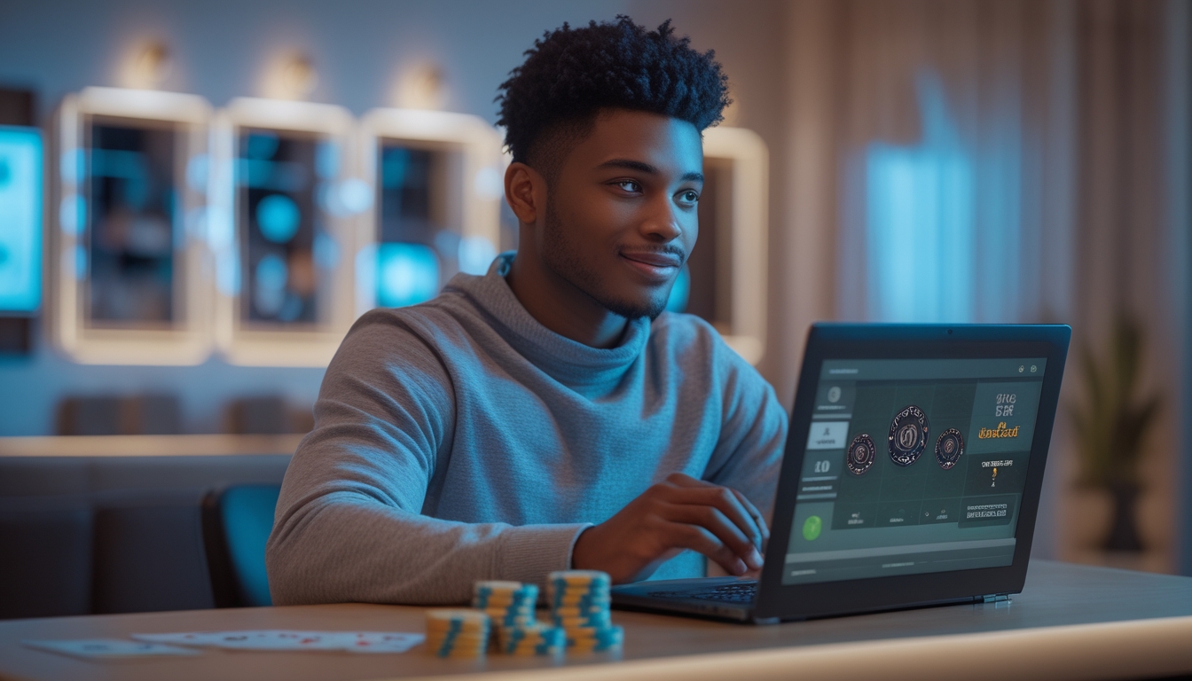 Seorang dewasa muda duduk di meja dengan laptop bermain blackjack online di lingkungan dalam ruangan yang nyaman.