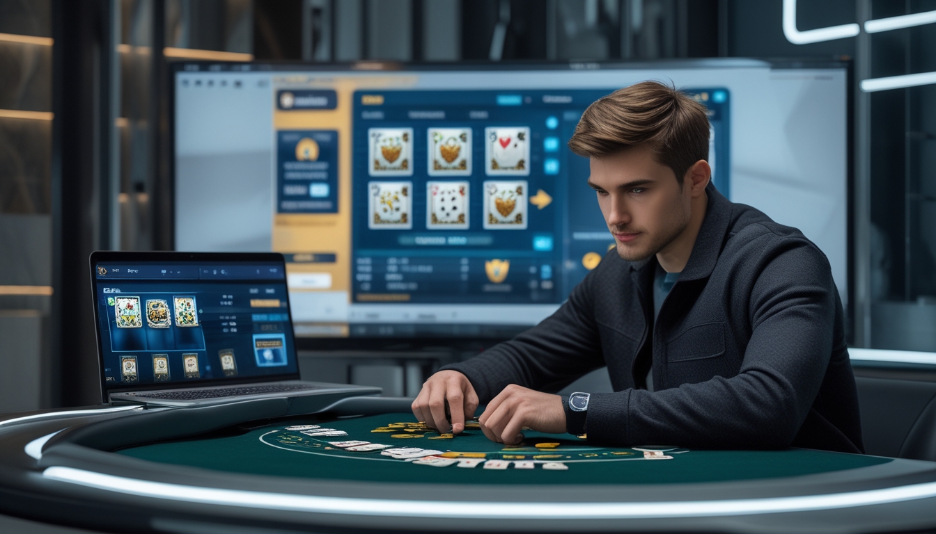 Seorang pria muda duduk di meja permainan dengan layar digital blackjack di depannya, tampak fokus dan serius sambil menganalisis kartu dan chip.