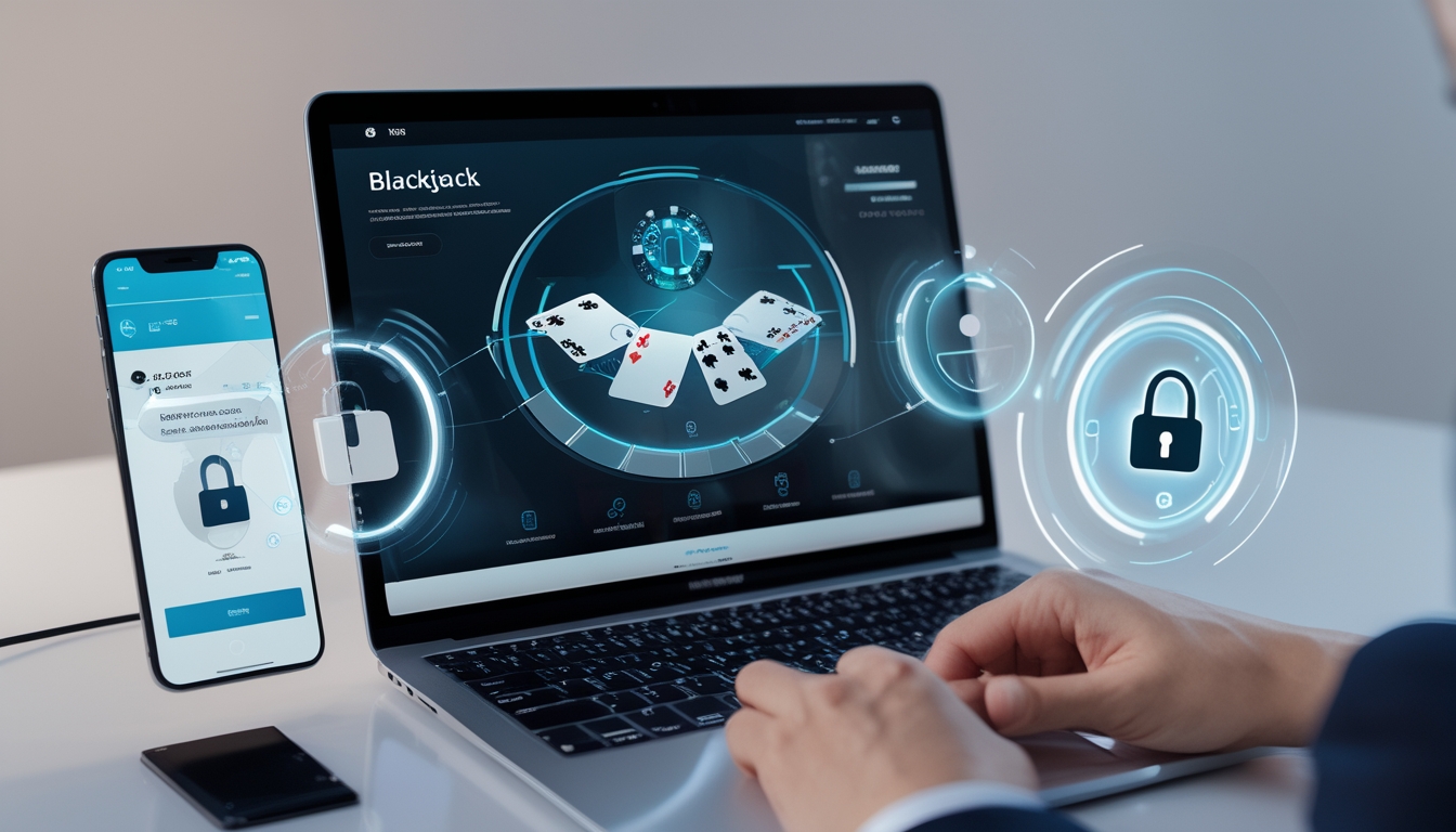 Seseorang menggunakan komputer untuk bermain blackjack online dengan tampilan kartu dan chip, serta simbol pembayaran cepat dan aman di sekitarnya.