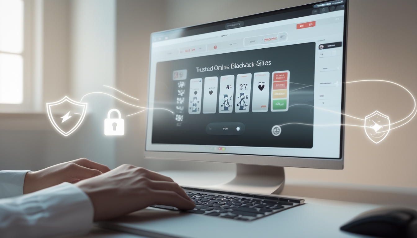 Seorang pengguna sedang bermain blackjack online di komputer dengan tampilan permainan kartu dan simbol keamanan di sekitar layar.