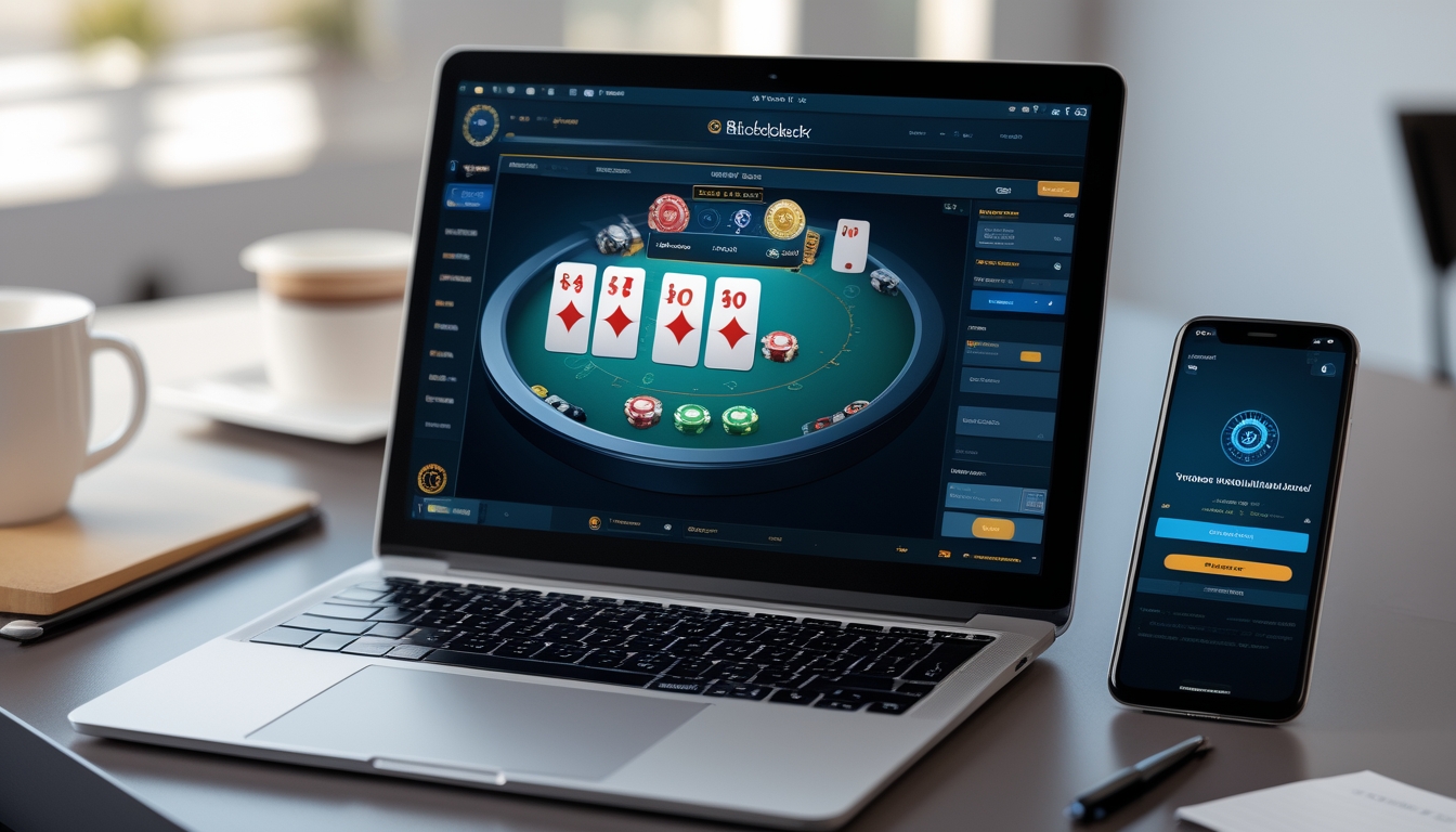 Seorang pengguna sedang bermain blackjack online dengan laptop dan ponsel yang menunjukkan konfirmasi penarikan cepat di ruang kerja yang rapi.