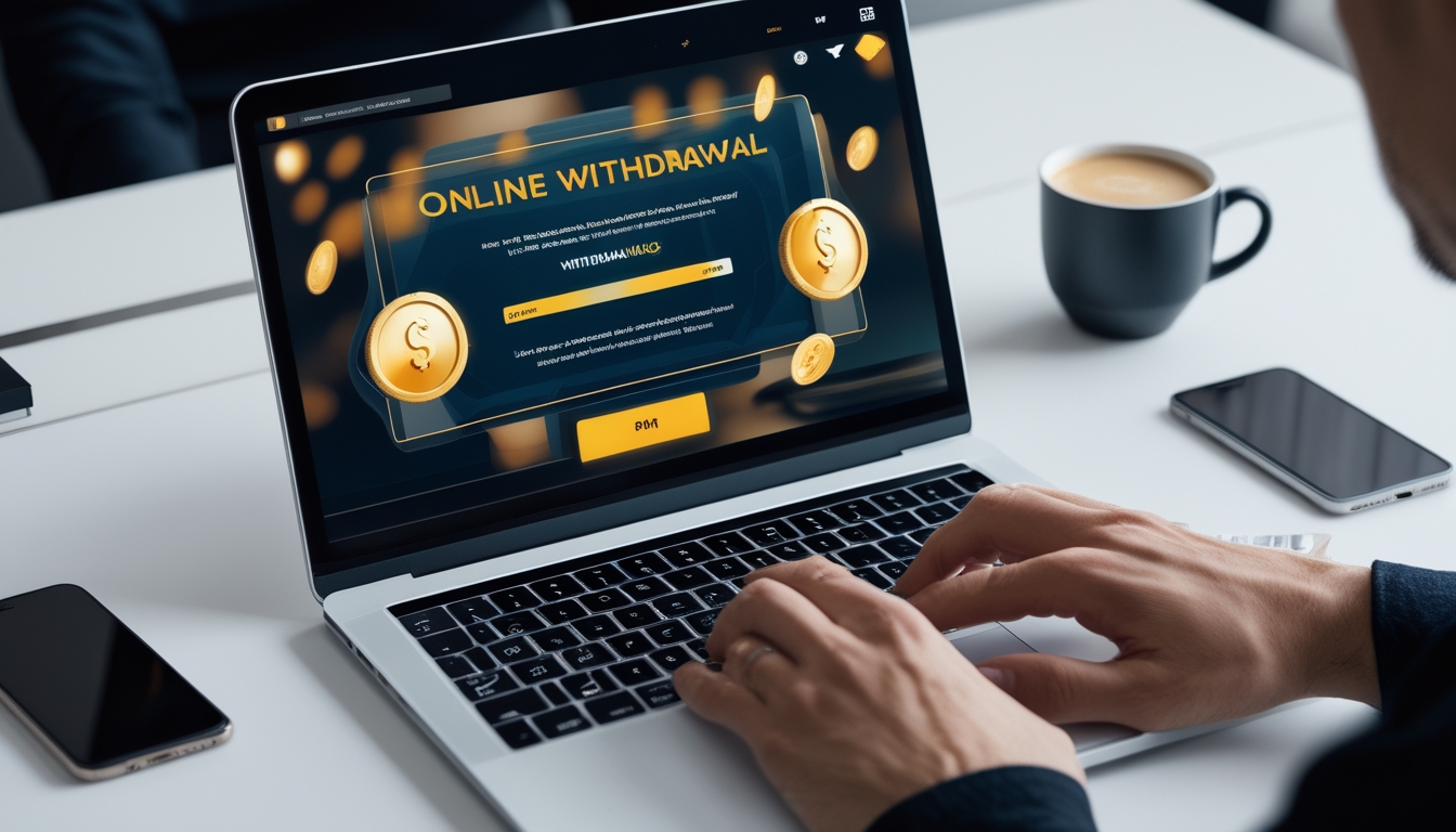 Seorang pengguna sedang melakukan proses penarikan dana cepat pada permainan blackjack online di laptop di atas meja kerja yang rapi.