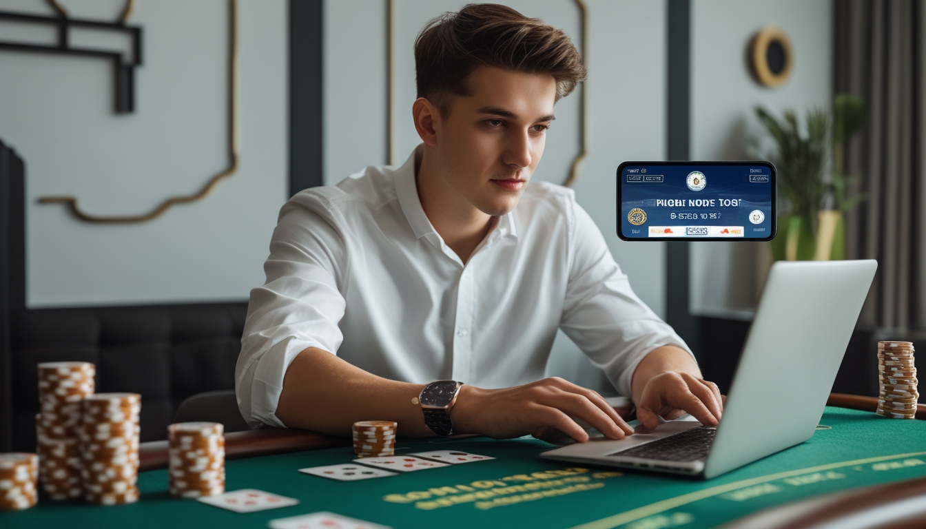 Seorang pemain pemula bermain blackjack online di laptop dengan kartu dan chip di meja kasino.