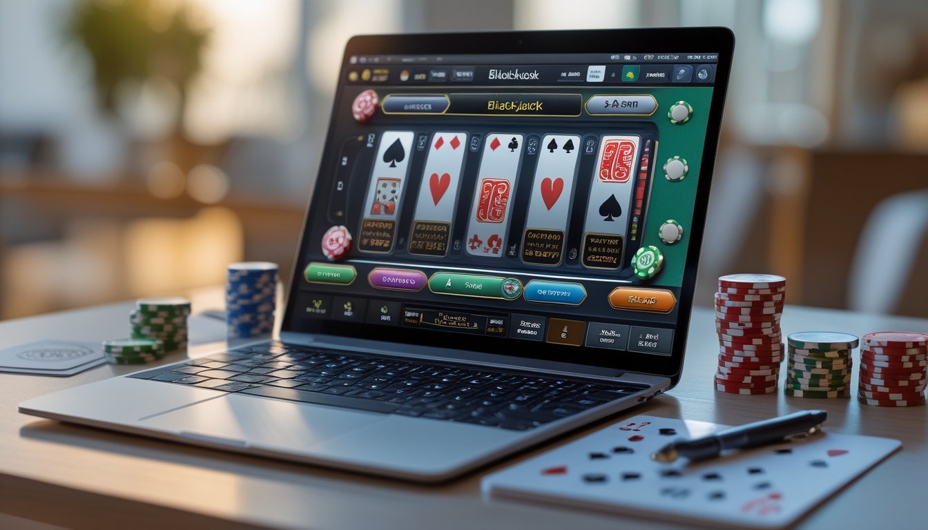 Sebuah laptop menampilkan permainan blackjack online dengan kartu dan chip poker di sekitarnya.