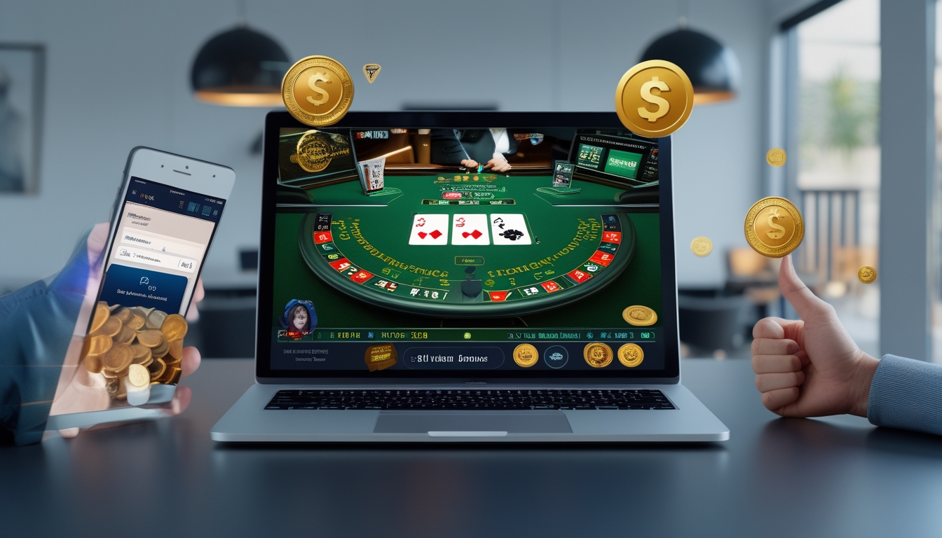 Seorang pemain berjudi blackjack online menggunakan laptop dengan ekspresi senang, di meja dengan kartu dan chip, di ruang yang terang dan rapi.