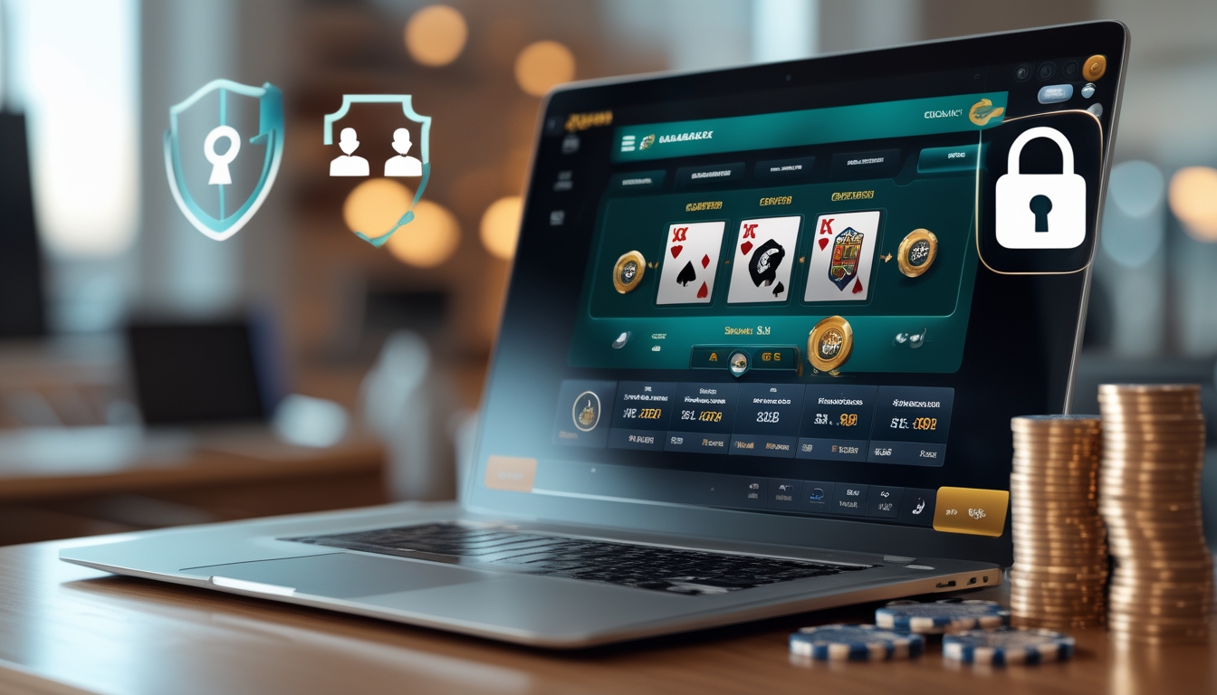 Seorang pengguna bermain blackjack online di depan komputer dengan simbol keamanan dan tumpukan chip kasino di meja.