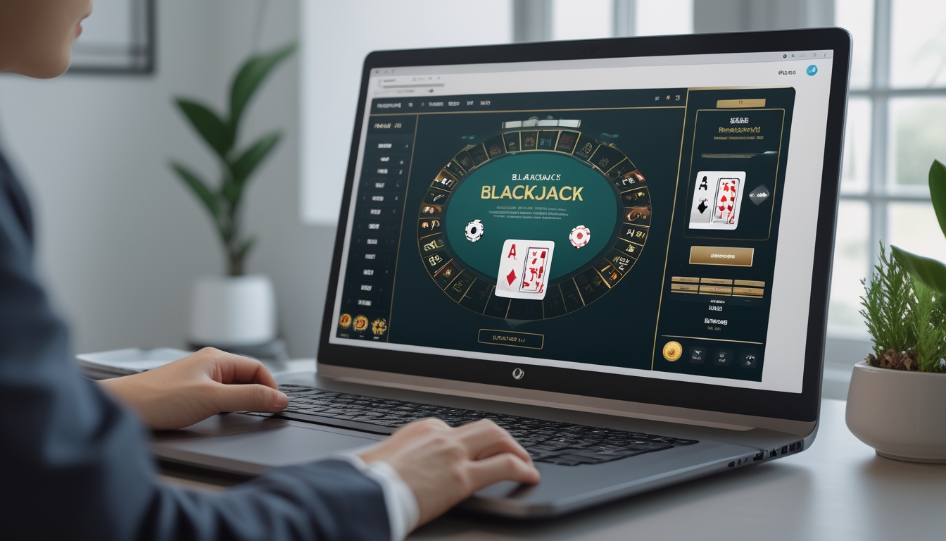 Seseorang menggunakan komputer dengan permainan blackjack online di layar dalam ruangan yang terang dan rapi.