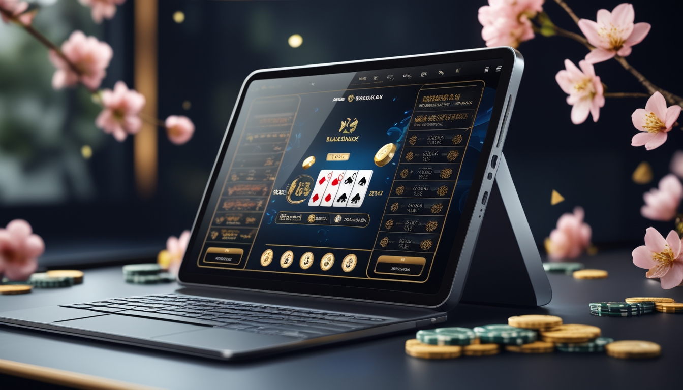 Sebuah layar komputer menampilkan permainan blackjack online dengan kartu dan chip, dikelilingi elemen budaya Asia yang samar.