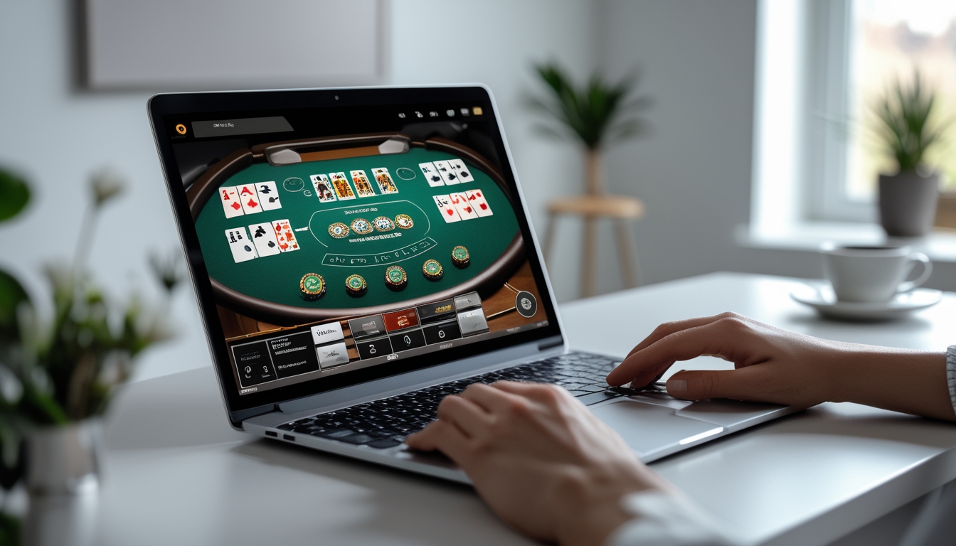 Seseorang bermain blackjack online di laptop di meja kerja dengan suasana ruangan yang terang dan rapi.