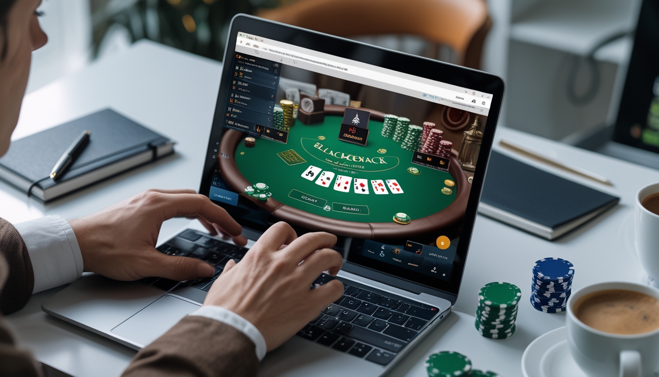 Seseorang bermain blackjack online di laptop dengan kartu dan chip terlihat jelas di meja digital.