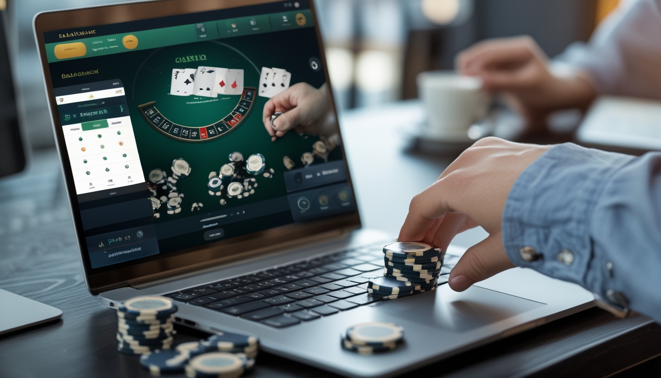 Seseorang bermain blackjack online di laptop dengan chip poker di meja dan smartphone di sampingnya.