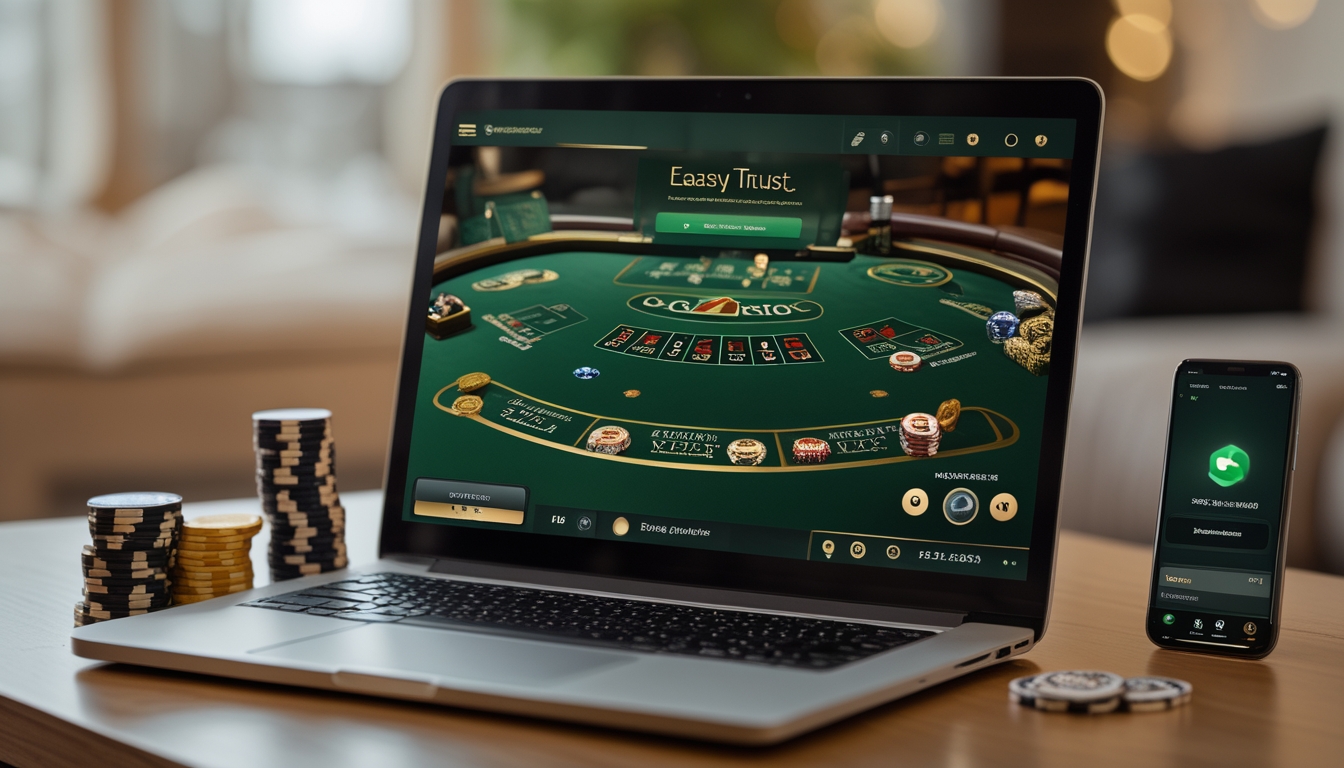 Sebuah laptop menampilkan permainan blackjack online dengan tumpukan chip poker dan ponsel yang menunjukkan konfirmasi pembayaran cepat di meja yang rapi.