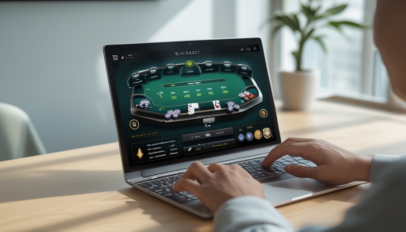 Seseorang bermain blackjack online di laptop dengan meja kartu dan chip di layar, di atas meja kayu bersih di ruangan yang terang.