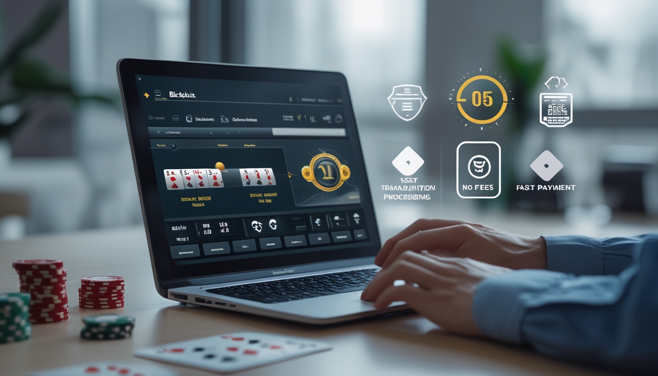 Seseorang menggunakan laptop dengan tampilan permainan blackjack online di ruang kerja modern yang terang.