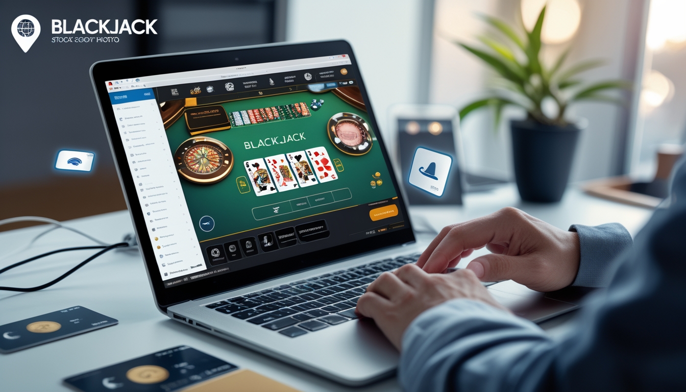 Seseorang menggunakan laptop dengan permainan blackjack online di layar, di meja kerja yang rapi dengan ponsel dan kartu kredit di sampingnya.