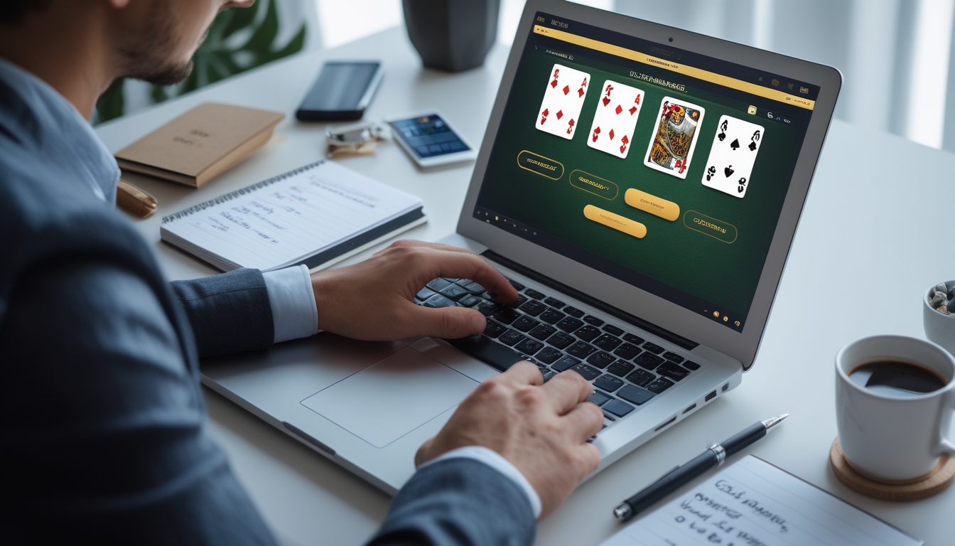 Seseorang sedang menggunakan laptop untuk mengevaluasi situs blackjack online dengan tampilan kartu dan chip di layar.