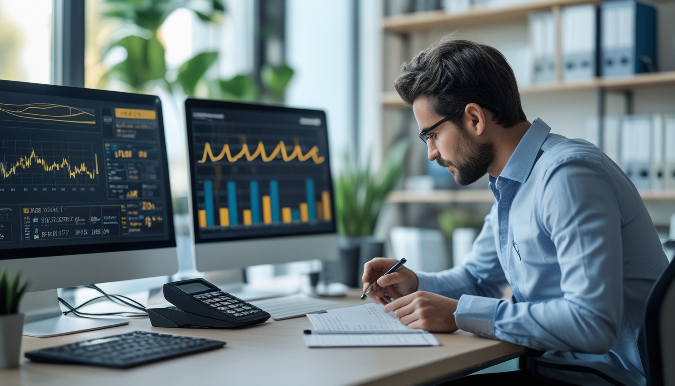 Seorang profesional sedang menganalisis data di meja kerja dengan beberapa layar komputer yang menampilkan grafik dan angka.