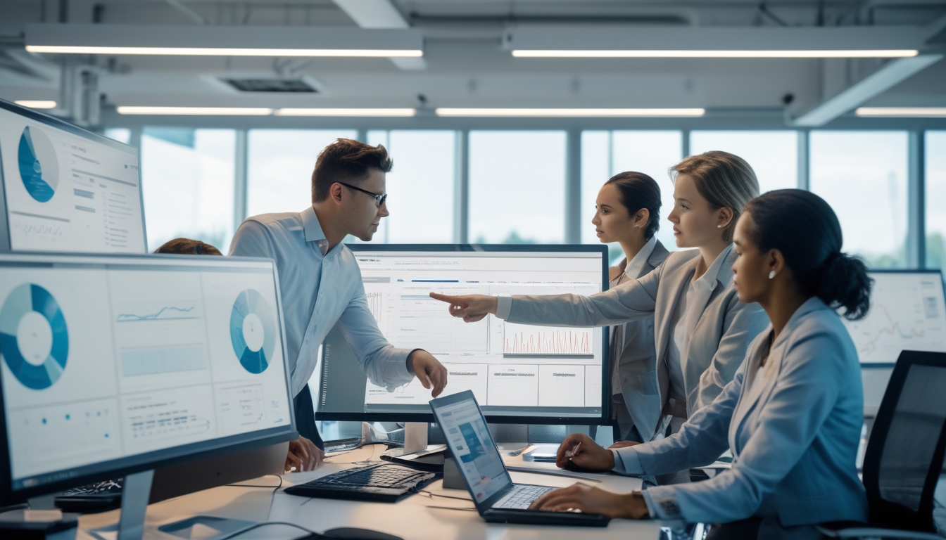 Sekelompok profesional sedang menganalisis data di kantor modern dengan layar komputer besar yang menampilkan grafik dan angka.