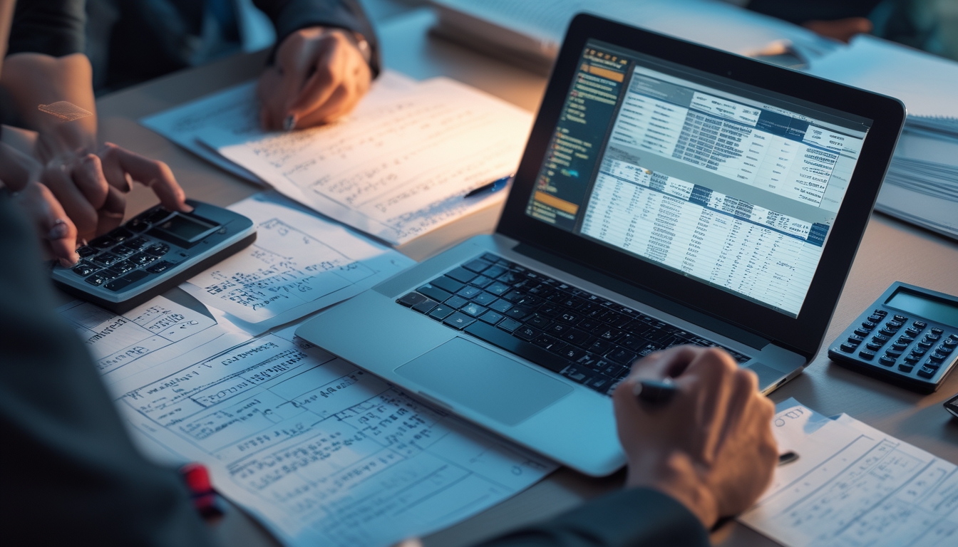 Meja kerja dengan laptop yang menampilkan data angka dan grafik, kertas dengan rumus dan angka, serta tangan seseorang yang sedang menganalisis data.