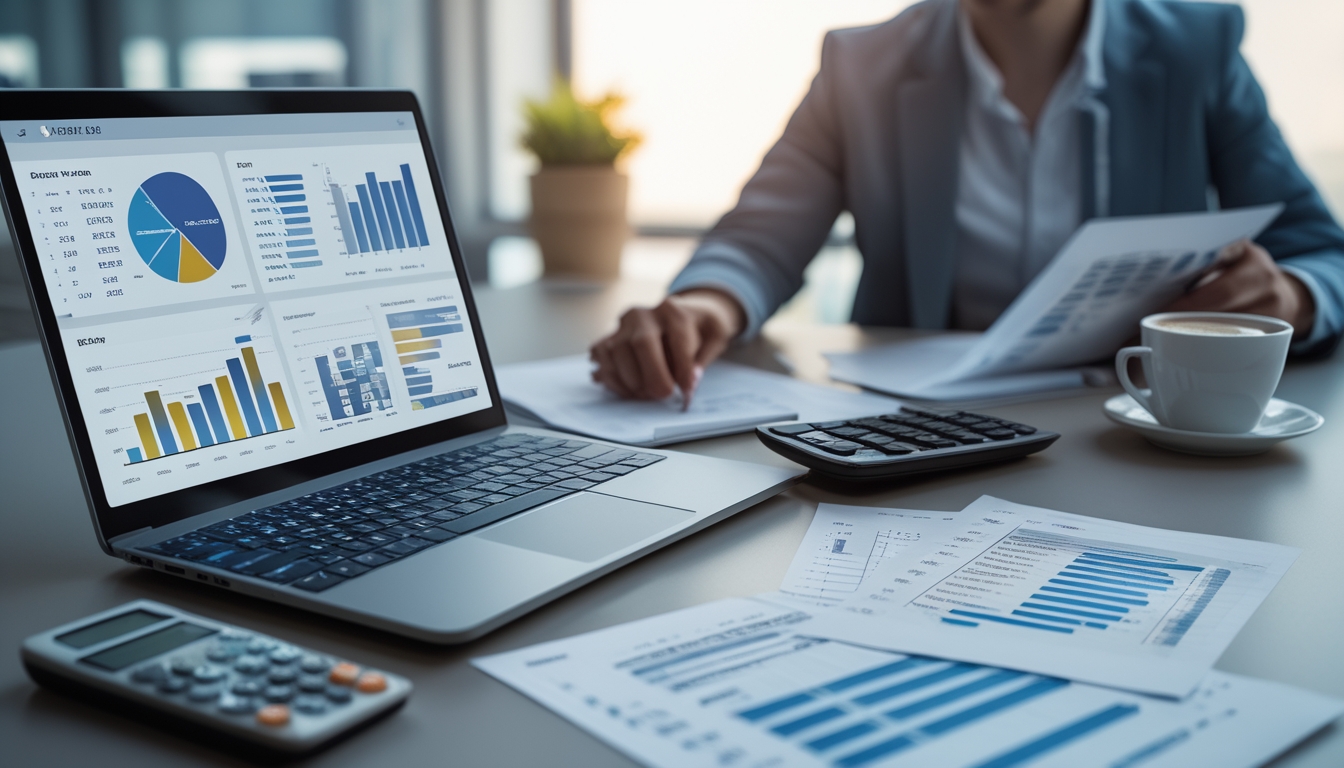 Seorang profesional sedang menganalisis data statistik angka keluaran togel di meja kerja dengan laptop, kertas data, kalkulator, dan secangkir kopi.