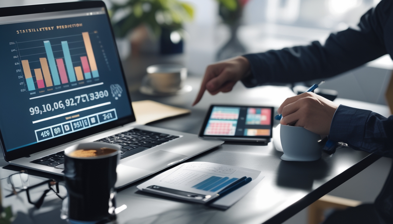 Meja kerja dengan perangkat digital menampilkan grafik dan data angka togel, tangan seseorang menunjuk layar dan mencatat di buku catatan.