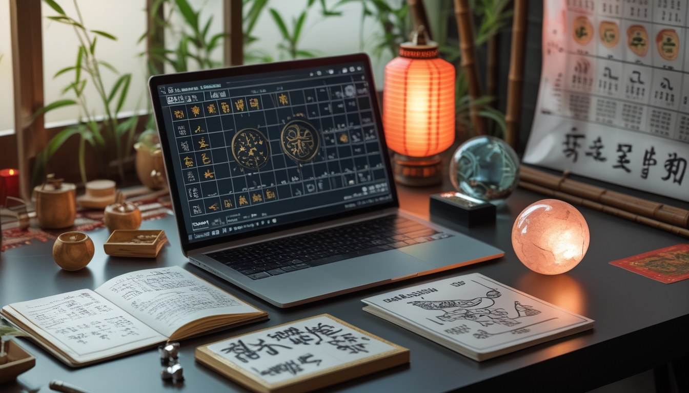 Meja kerja dengan laptop, catatan, simbol shio, bola kristal, dan kalender Cina yang menunjukkan suasana analisa angka dan tafsir mimpi.