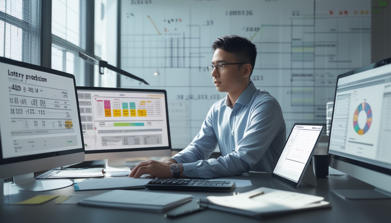 Seorang pria fokus bekerja di kantor dengan layar komputer menampilkan rumus matematika dan data angka terkait prediksi togel 4D.