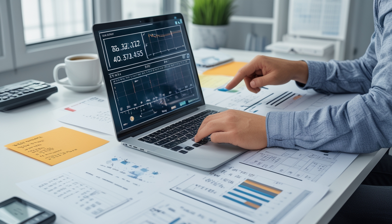 Seorang individu sedang menganalisis data angka dan grafik di meja kerja dengan laptop dan kertas berisi perhitungan matematika.
