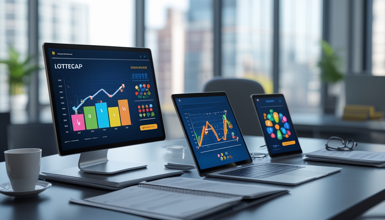 Meja kerja modern dengan beberapa perangkat digital menampilkan grafik dan data angka, serta dokumen dan cangkir kopi di sekitarnya.