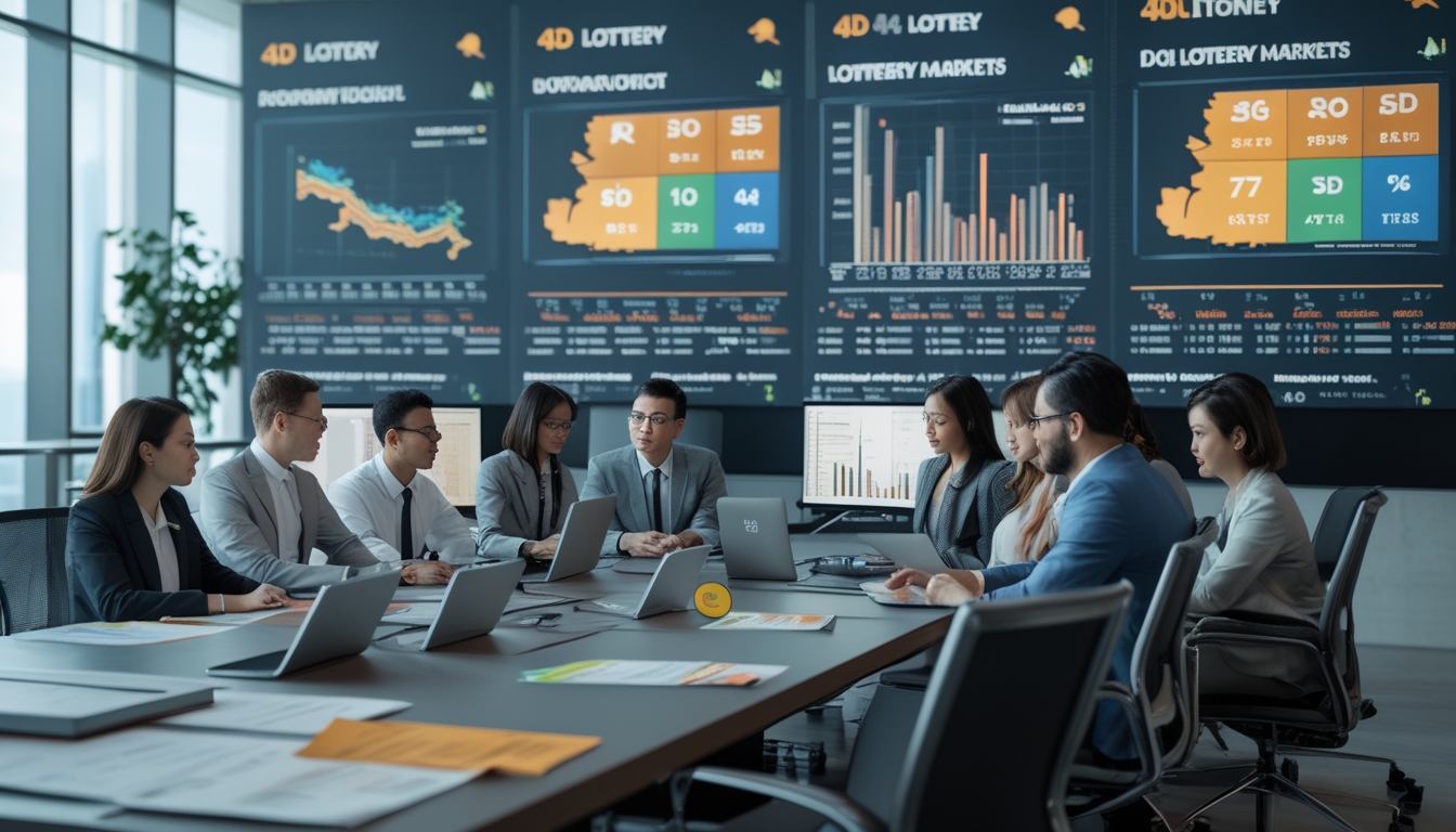 Sekelompok profesional sedang menganalisis data angka lotere 4D dari berbagai pasar di sebuah ruang kantor modern.