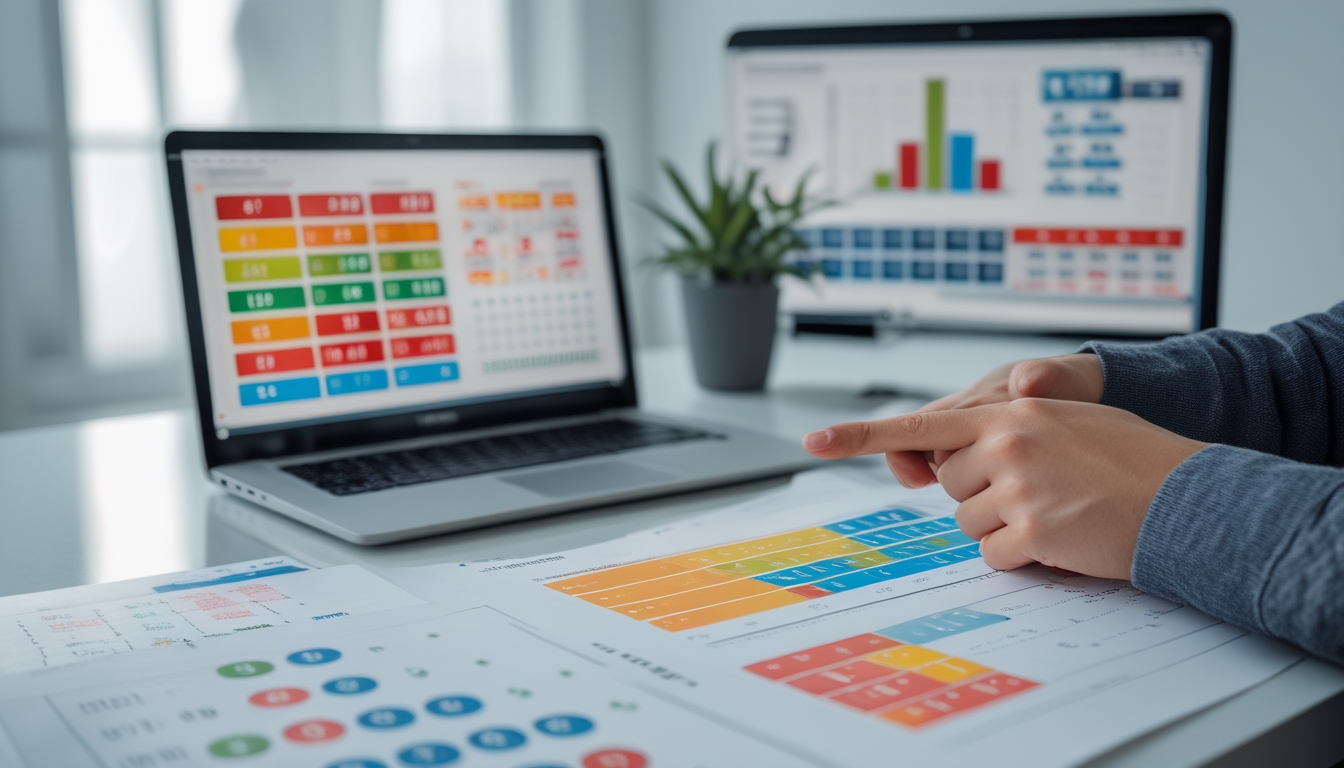 Sebuah meja kerja dengan laptop yang menampilkan grafik dan pola angka, tangan seseorang menunjuk layar, menunjukkan analisis prediksi angka togel 4D berdasarkan pola angka panas dan dingin.