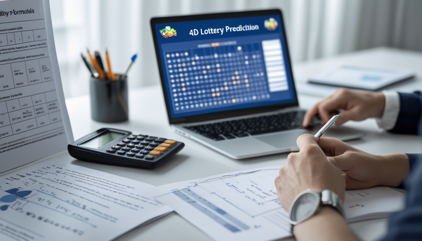 Meja kerja dengan laptop, kalkulator, dan catatan berisi rumus serta grafik prediksi togel 4D.