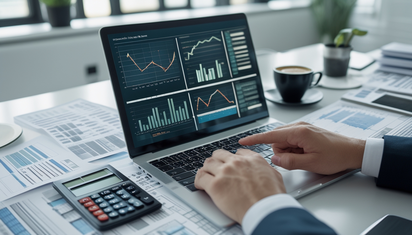 Sebuah meja kerja modern dengan laptop yang menampilkan grafik dan tabel data, tangan menunjuk layar, serta alat tulis dan kopi di sekitarnya.